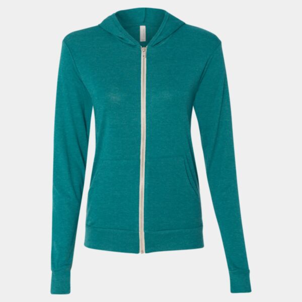 Unisex Triblend Lightweight Full-Zip Hooded Long Sleeve Tee Thumbnail